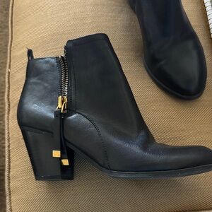 Franco Sarto Black Leather Ankle Booties with Gold Accents